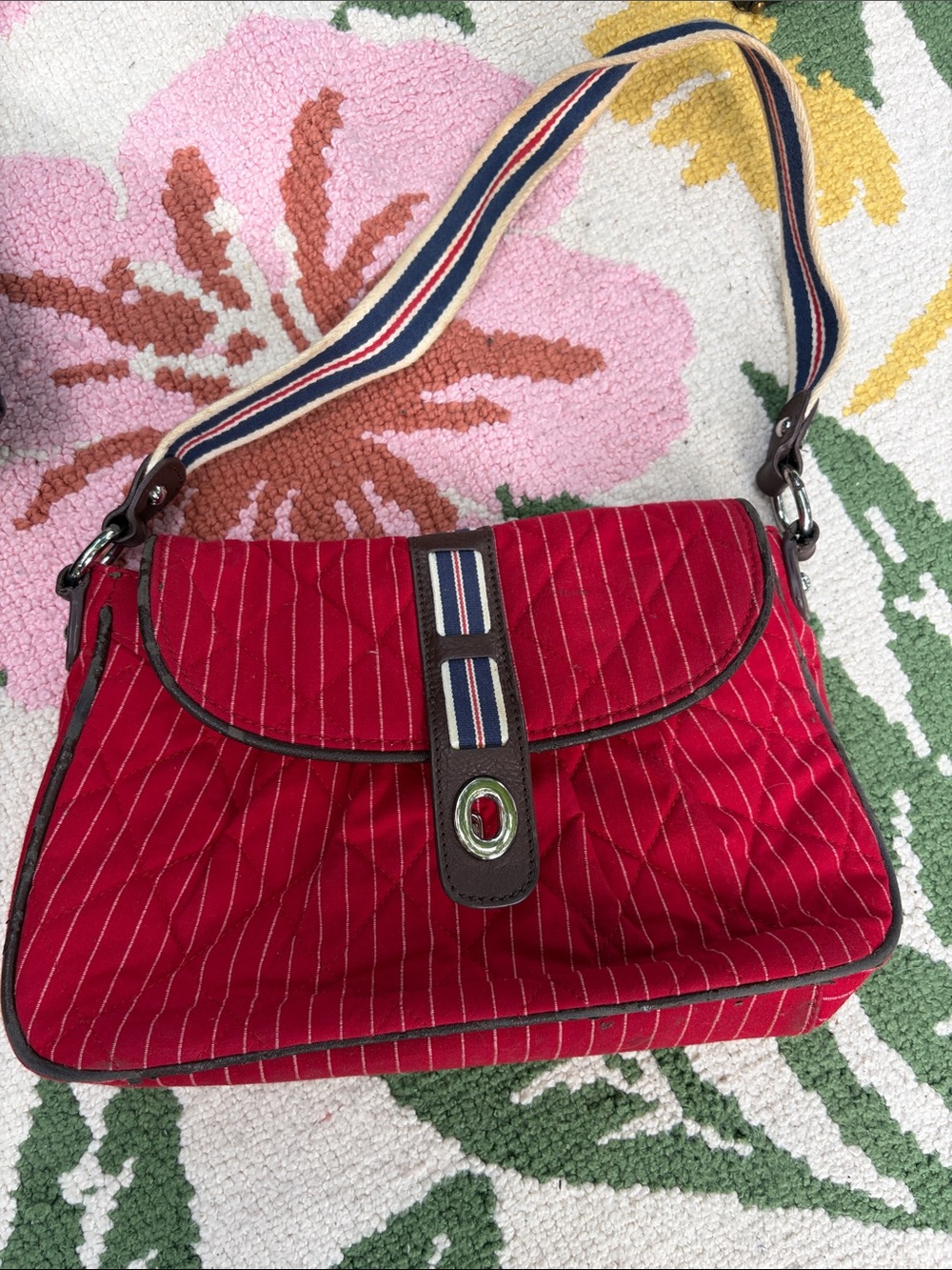 Striped Red Shoulder Bag with Contrast Webbing Strap
